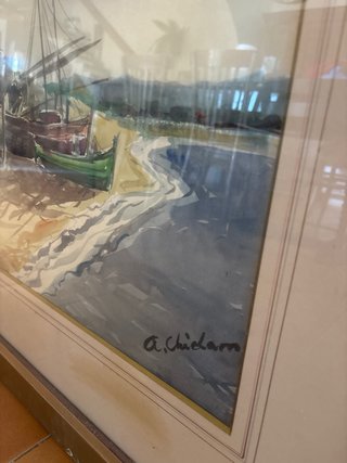Pintura al óleo Barcos en la playa Marco dorado