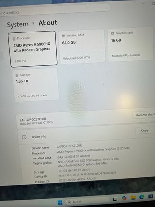 Portátil Asus ROG 17” RTX 3080 64GB RAM 2Tb SSD