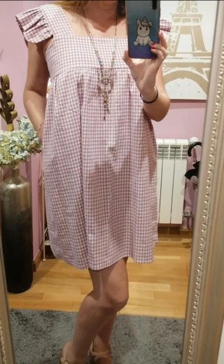 Vestido cuadros vichy rosa y blanco