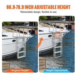 Escalera de muelle, retráctil de 5 escalones, capacidad de carga de 350 lbs, escalera de barco de aleación de aluminio con altura ajustable de 66.9''-78.9'', escalón de 4'' de ancho y diseño de pe...