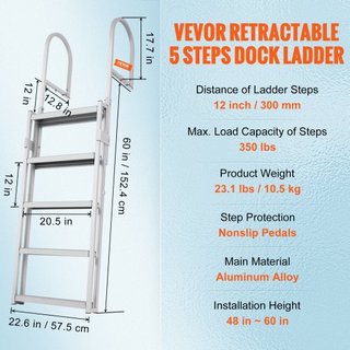 Escalera de muelle, retráctil de 5 escalones, capacidad de carga de 350 lbs, escalera de barco de aleación de aluminio con altura ajustable de 66.9''-78.9'', escalón de 4'' de ancho y diseño de pe...