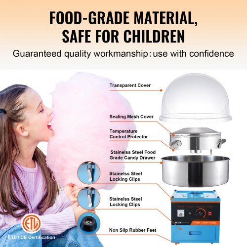 Máquina Elétrica de Algodão Doce de 1000W, Fabricante de Algodão Doce Comercial com Tampa, Tigela de Aço Inoxidável, Colher de Açúcar, Gaveta, Perfeita para Diversos Sabores