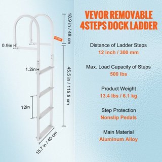 Escalera de muelle, desmontable de 4 escalones, capacidad de carga de 500 lbs, escalera de barco de aleación de aluminio con peldaño de 3.1'' de ancho y diseño de pedal antideslizante, fácil de in...