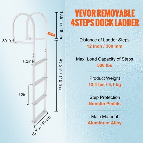 Escada de cais desmontável de 4 degraus, capacidade de carga de 500 lbs, escada de barco de liga de alumínio com degrau de 3,1'' de largura e design antiderrapante, fácil de instalar