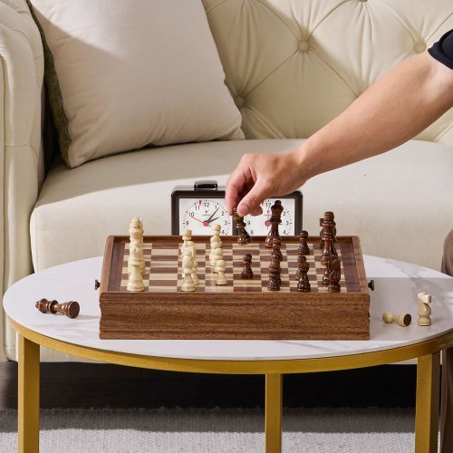 Jogo de Xadrez em Madeira Maciça, Jogo de Xadrez e Damas 2 em 1 de 15 polegadas, Jogos de Tabuleiro com Gaveta de Armazenamento e Peças Ponderadas de Xadrez e Damas e 2 Rainhas, para...