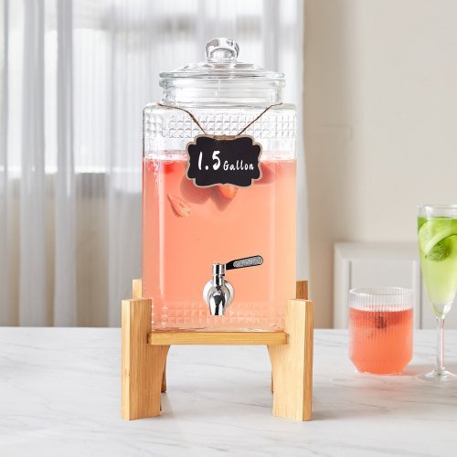 Dispensador de Bebidas, Dispensadores de Bebidas de 1,5 Galões/5,5 L para Festas, Dispensador de Suco de Vidro com Suporte, Torneira de Aço Inoxidável, Dispensador de Chá Gelado, Limonada, Suco,...