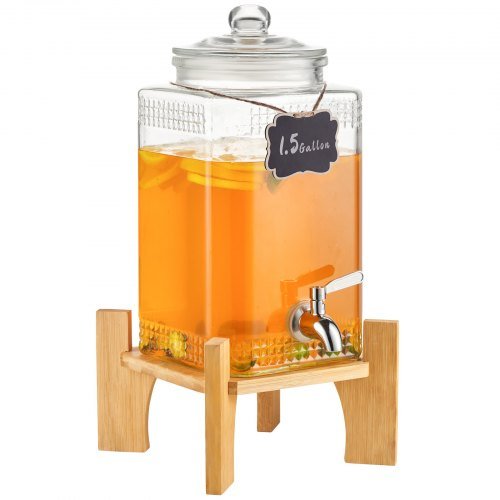 Dispensador de Bebidas, Dispensadores de Bebidas de 1,5 Galões/5,5 L para Festas, Dispensador de Suco de Vidro com Suporte, Torneira de Aço Inoxidável, Dispensador de Chá Gelado, Limonada, Suco,...