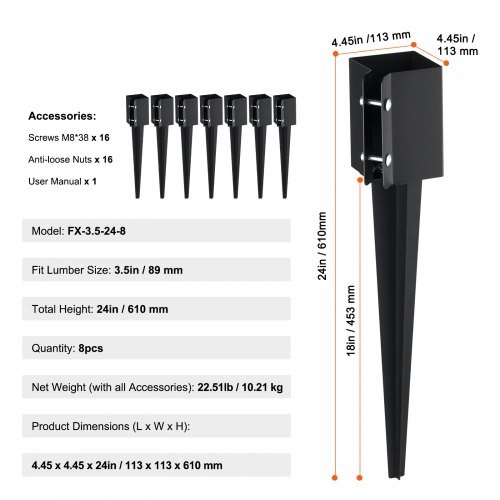 Anclaje de Poste de Cerca, Pacote de 8, 24 x 4 x 4 Polegadas/61 x 10,2 x 10,2 cm de Diâmetro Externo (Diâmetro Interno 3,5 x 3,5 Polegadas/8,9 x 8,9 cm), Estaca de Poste de Metal Revestida de Po...