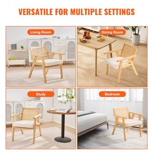 Cadeira de Rattan, Cadeira de Jantar Moderna de Meio Século com Apoio de Braços, Cadeira Estofada com Encosto de Rattan, Cadeira de Jantar Retrô de Rattan para Sala de Estar, Dormitório, Sala de Leitura e...