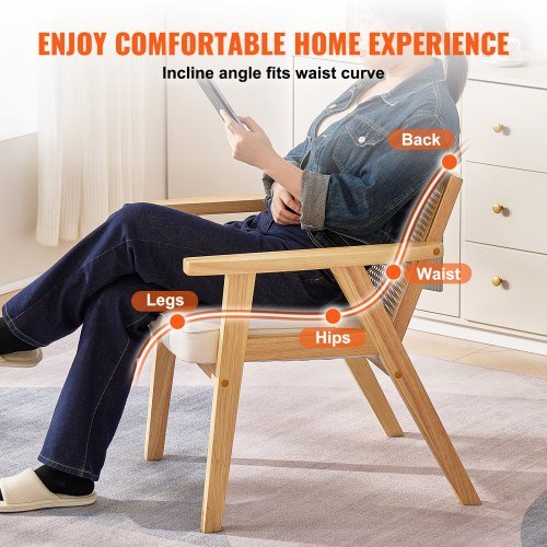 Cadeira de Rattan, Cadeira de Jantar Moderna de Meio Século com Apoio de Braços, Cadeira Estofada com Encosto de Rattan, Cadeira de Jantar Retrô de Rattan para Sala de Estar, Dormitório, Sala de Leitura e...