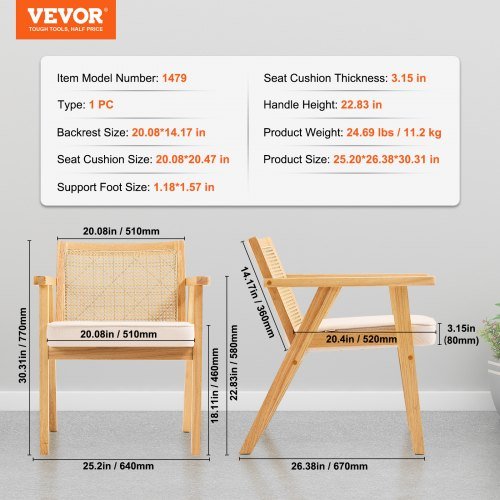 Cadeira de Rattan, Cadeira de Jantar Moderna de Meio Século com Apoio de Braços, Cadeira Estofada com Encosto de Rattan, Cadeira de Jantar Retrô de Rattan para Sala de Estar, Dormitório, Sala de Leitura e...