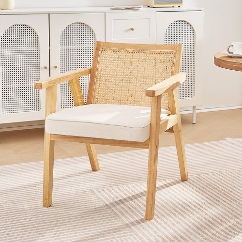 Cadeira de Rattan, Cadeira de Jantar Moderna de Meio Século com Apoio de Braços, Cadeira Estofada com Encosto de Rattan, Cadeira de Jantar Retrô de Rattan para Sala de Estar, Dormitório, Sala de Leitura e...