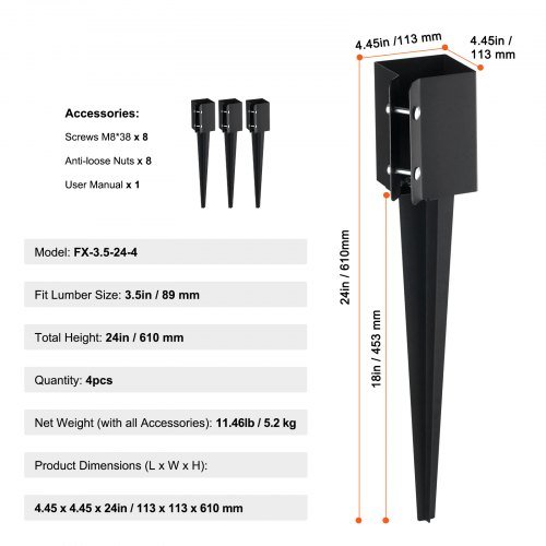 Anclaje de Poste de Cerca Punta de Tierra, Pacote de 4, 24 x 4 x 4 Polegadas de Diâmetro Externo (Diâmetro Interno 3,5 x 3,5 Polegadas), Estaca de Poste de Metal Revestida de Pó Preto para Bu...
