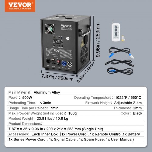 Máquina de Chispas Frías, Pacote de 2 Controladores de Fogos de Artifício de 500W, Altura Ajustável de 6,6-13 pés, com Sistema DMX Avançado, Tela LED, Cabo Portátil, Liga de Alumínio
