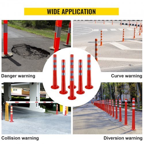 Delineador de Tráfego, 6 PCS Postes Cones Canalizadores, Kit de Poste Delineador de 30” de Altura, Poste de Tráfego de PU, Cones de Segurança Laranjas, Postes Portáteis de Mola com Base, Cones...