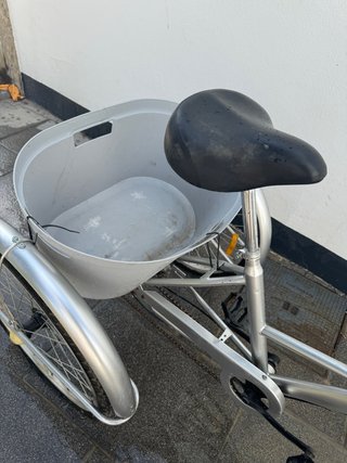 Triciclo plateado con cesta
