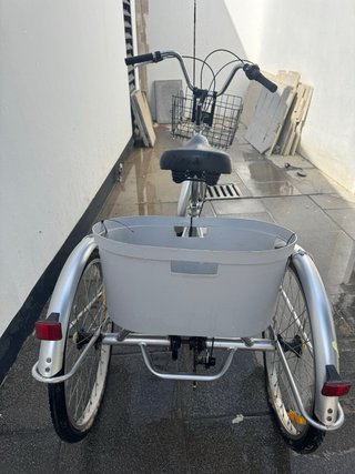 Triciclo plateado con cesta