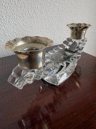 Candelabro antiguo cristal con dos brazos de plata