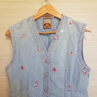 Gilet denim vintage ricamato a fiori