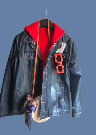 Chaqueta vaquera con sudadera roja desmontable
