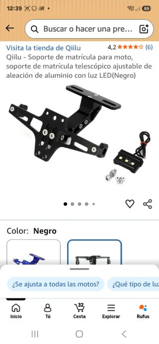 Soporte Matrícula Universal Moto Negro