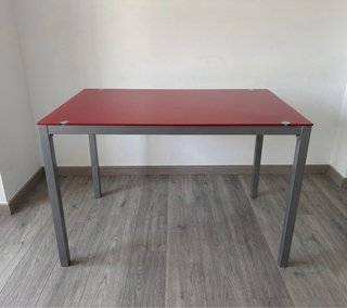Mesa Comedor Cristal Roja y Metal Gris 110x70