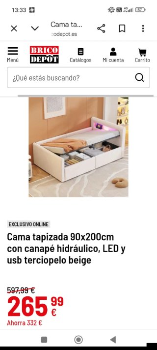 Cama canapé LED 90x200cm terciopelo beige