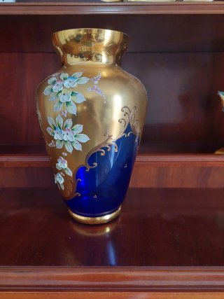 Jarrón Vintage Vidrio Dorado y Azul