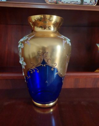 Jarrón Vintage Vidrio Dorado y Azul