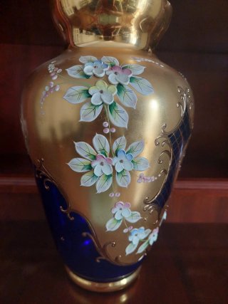 Jarrón Vintage Vidrio Dorado y Azul