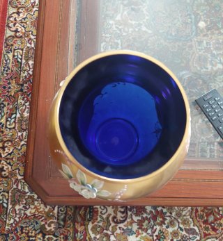 Jarrón Vintage Vidrio Dorado y Azul