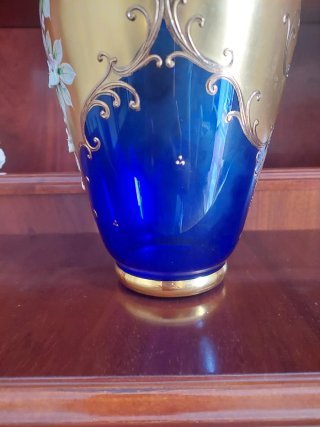 Jarrón Vintage Vidrio Dorado y Azul
