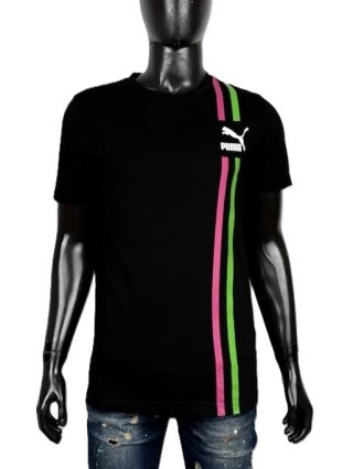 Puma T-Shirt Uomo S Nera Logo Bande Colorate Sport