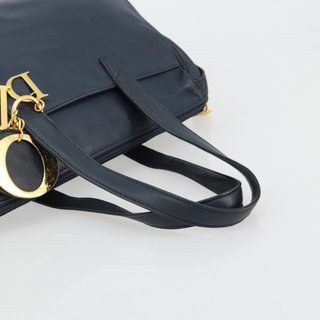 Christian Dior Hand Bag Leather Navy Gold Auth