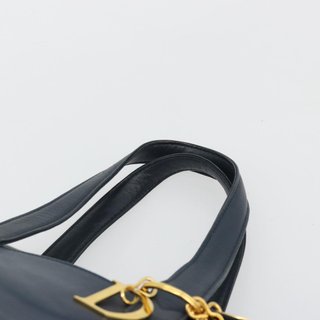 Christian Dior Hand Bag Leather Navy Gold Auth