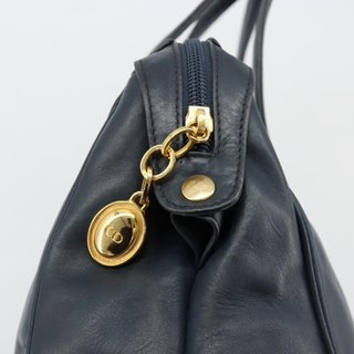 Christian Dior Hand Bag Leather Navy Gold Auth