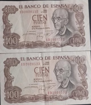 2 Billetes 100 Pesetas España 1970 Consecutivos