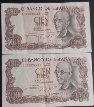 2 Billetes 100 Pesetas España 1970 Consecutivos