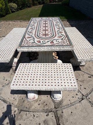 Conjunto Jardín Piedra y Mosaico Mesa + 4 Bancos