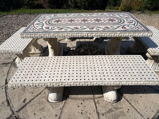 Conjunto Jardín Piedra y Mosaico Mesa + 4 Bancos