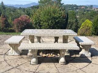 Conjunto Jardín Piedra y Mosaico Mesa + 4 Bancos