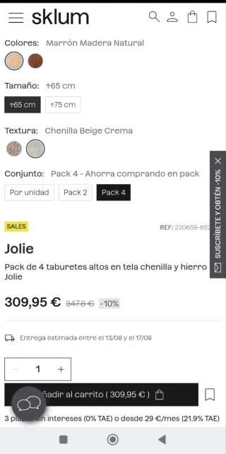 Taburete Sklum Jolie 65cm