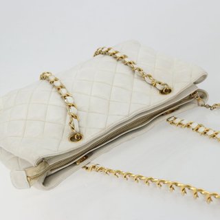 CHANEL Chain Shoulder Bag Lamb Skin White Gold CC