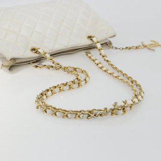 CHANEL Chain Shoulder Bag Lamb Skin White Gold CC