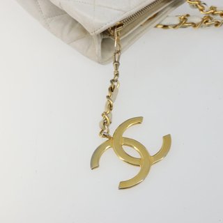 CHANEL Chain Shoulder Bag Lamb Skin White Gold CC