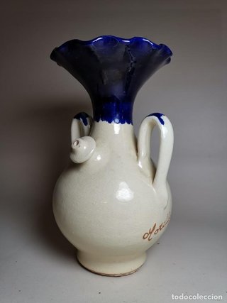 Cántaro Botijo Antiguo Cerámica Azul Blanco