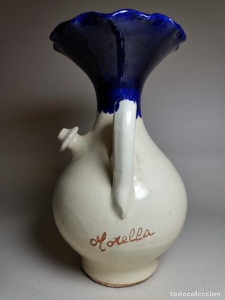 Cántaro Botijo Antiguo Cerámica Azul Blanco