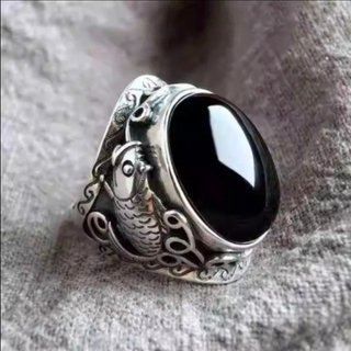 Anillo Plata S925 Hombre Obsidiana Ágata ajustable