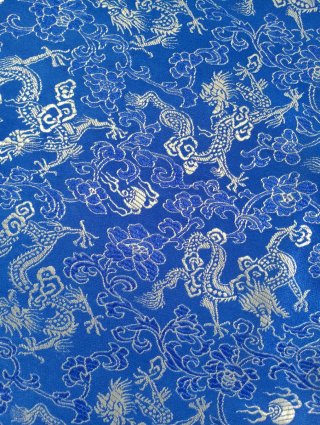 Qipao lungo vintage nuovo blu e dorato con draghi