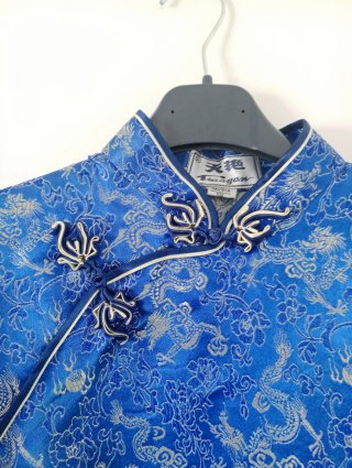 Qipao lungo vintage nuovo blu e dorato con draghi